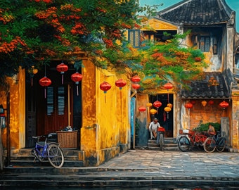 Soulful Serenity: Hoi An's Vintage Street Art, Blossoms, and Warm Sunset Tones. Vietnamese digital wall art