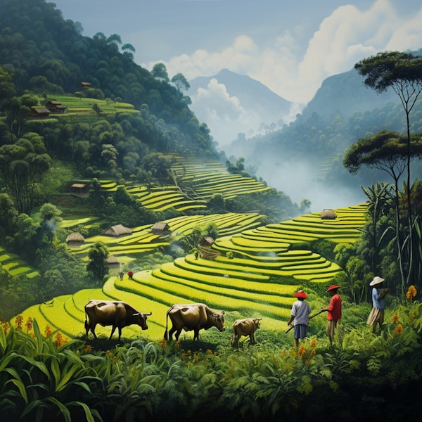 Captivez avec la beauté de Sapa : peinture à l'huile de paysage vietnamien, art numérique
