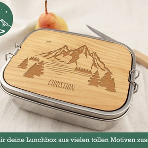 Personalized lunch box, individual engraving, stainless steel lunch box with cutting board, lunch box, gift, mountains, bicycle, mountain motif, angler