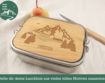 Boîte à lunch personnalisée, gravure individuelle, boîte à lunch en acier inoxydable avec planche à découper, boîte à lunch, cadeau, montagnes, vélo, motif montagne, pêcheur