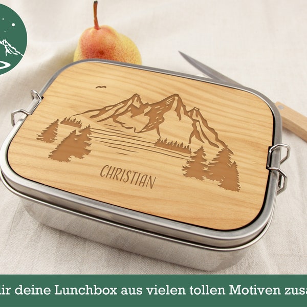 Personalisierte Brotdose, individuelle Gravur, Edelstahlbrotdose mit Schneidbrettchen, Lunchbox, Geschenk, Berge, Fahrrad, Bergmotiv, Angler