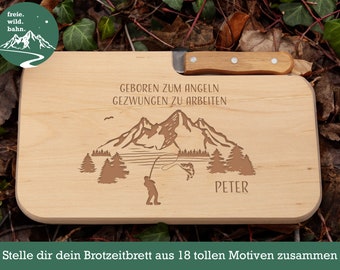 Schneidbrett Männer, Geschenk für Angler, Brotzeitbrett personalisiert, Brett Fahrrad, Brett mit Messer, Geburtstag Mann