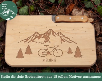 Personalisiertes Brett mit Messer, individueller Gravur, Schneidbrettchen mie Messer, Radfahrer, Geschenk, Berge, Bergmotiv, Angler