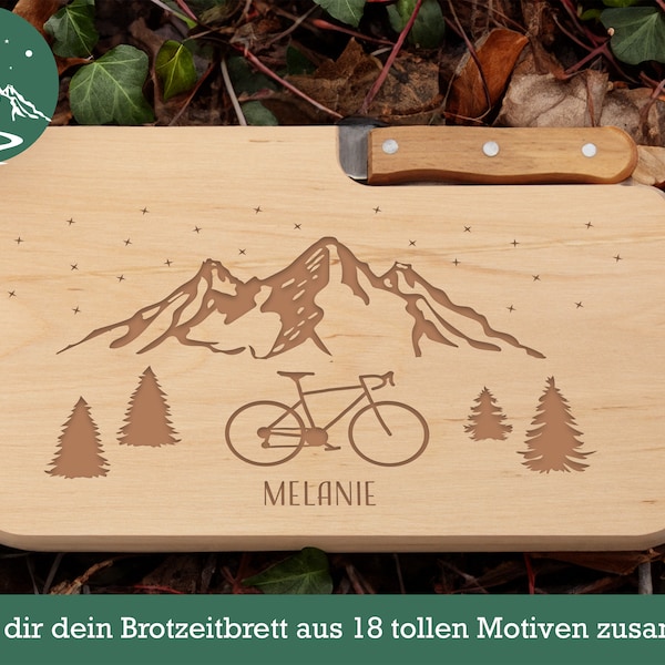 Personalized board with knife, individual engraving, cutting board with knife, cyclist, gift, mountains, mountain motif, angler