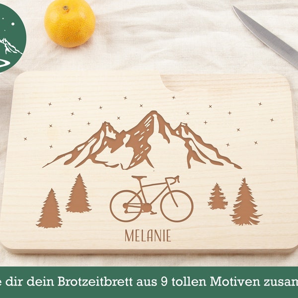 Planche personnalisée avec couteau, gravure individuelle, planche à découper avec couteau, cycliste, cadeau, montagnes, motif montagne, pêcheur