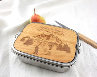 Boîte à lunch personnalisée, gravure individuelle, boîte à lunch en acier inoxydable avec planche à découper, boîte à lunch, cadeau, montagnes, motif montagne, pêcheur