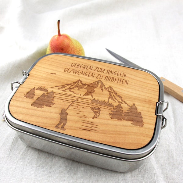 Personalisierte Brotdose, individueller Gravur, Edelstahlbrotdose mit Schneidebrettchen, Lunchbox, Geschenk, Berge, Bergmotiv, Angler