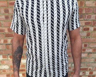 Short-sleeved slim fit 100% cotton shirt, black and white men's patterned casual shirt, classic collar and button down