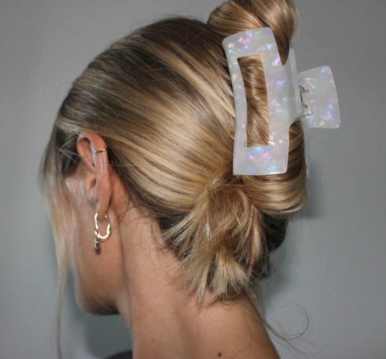 Weiße Haarklammer schimmernde Haarspange Hochzeit transparent Rechteckige Französische Haarkralle für lange und dicke Haare Bild 3