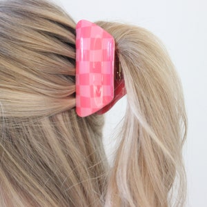 Pinke Haarklammer Acryl Half-Bun Haarkralle pink kariert Klaue für dickes Haar Haarschmuck fester Halt vintage retro Bild 3
