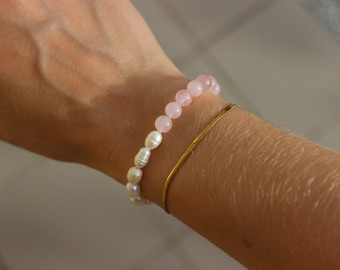 Perlenarmband | halb - halb | Süßwasserperlen | Edelsteinperlen | Armkette | rosa | elegant | Sommerarmband | Stretch | Rosenquarz | boho