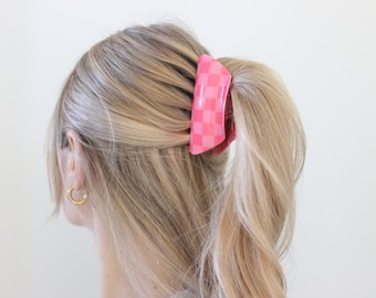 Pinke Haarklammer | Acryl | Half-Bun | Haarkralle | pink kariert | Klaue | für dickes Haar | Haarschmuck | fester Halt | vintage | retro