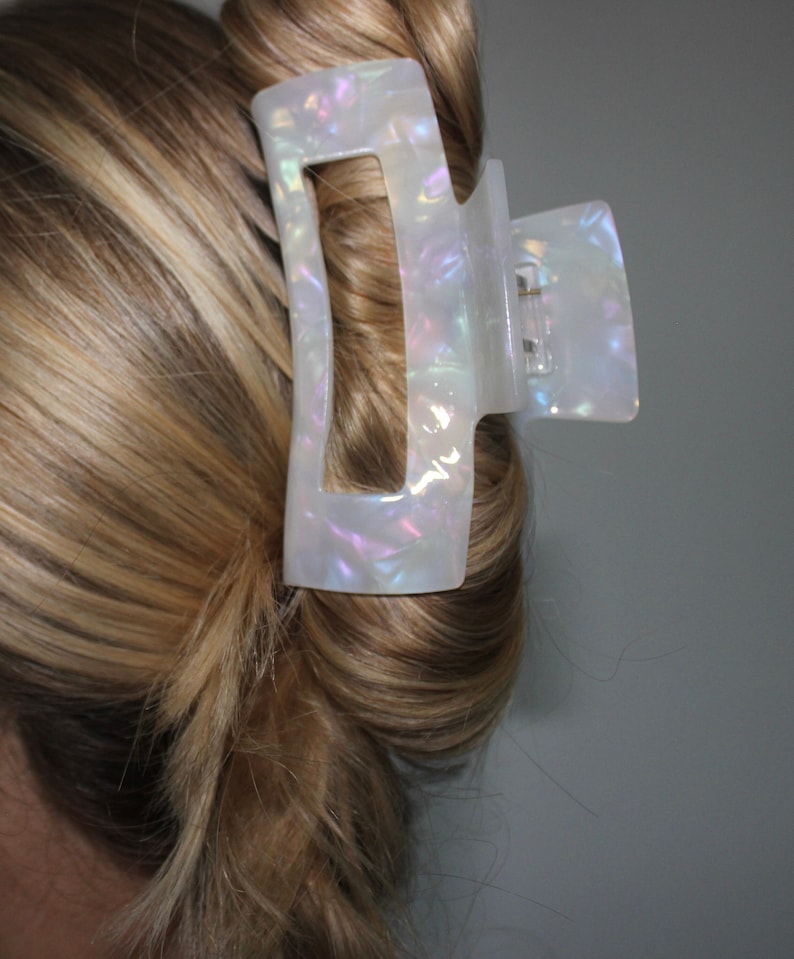 Weiße Haarklammer schimmernde Haarspange Hochzeit transparent Rechteckige Französische Haarkralle für lange und dicke Haare Bild 2