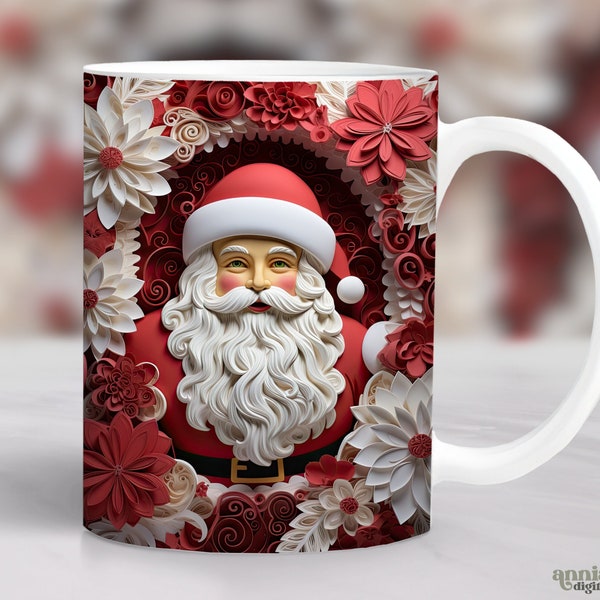 3D Santa Mug Wrap, Christmas Sublimation Design, Santa Claus 11oz Coffee Cup Template, Christmas 15 oz Mug Wrap PNG, Mug Press Designs