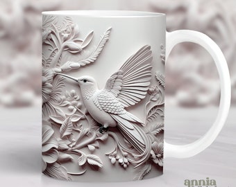 3D Hummingbird Mug Wrap, White Humming Bird Sublimation Design, 11oz Coffee Cup Template, 15 oz Mug Wrap PNG, Mug Press Designs