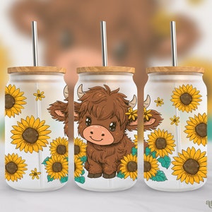 Sunflowers Highland Cow 16oz Wrap PNG, Summer Flowers Frosted Glass Sublimation Design, Fall Floral Libbey Cup PNG, Seamless Baby Animal PNG