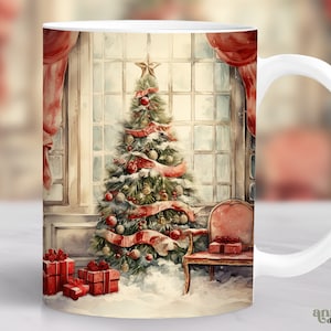 May include: White ceramic mug with a Christmas tree scene. The tree is decorated with red ribbons and ornaments. The scene is set in a room with a window and a red armchair. The mug has a white handle.