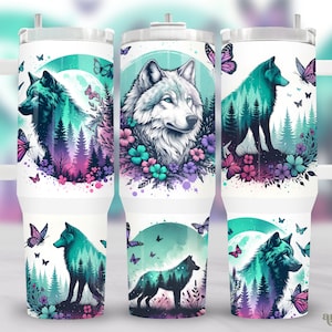 Floral Wolf 40oz Tumbler Wrap, Forest Wolves Butterflies 40 oz Quencher Tumbler Sublimation Design, Animals Tumbler PNG