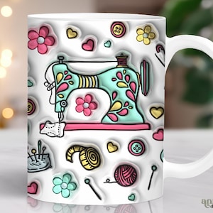 May include: White ceramic mug with a colorful illustration of a sewing machine, hearts, and other sewing-themed designs. The mug has a handle on the right side.
