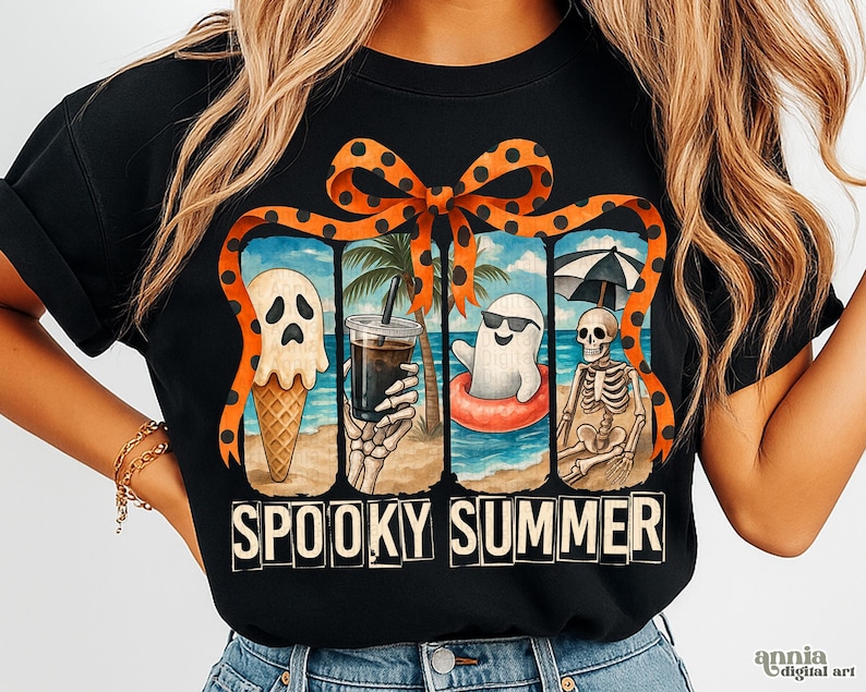 May include: Black t-shirt with a "Spooky Summer" design. The graphic features a ghost ice cream cone, a skeleton hand holding a drink, a ghost in a floatie, and a skeleton under an umbrella. The design is framed by an orange ribbon with black polka dots.