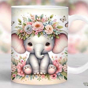 Floral Baby Elephant Mug Wrap, Summer Flowers 11oz Coffee Cup Png, Cute Safari Animals 15 oz Mug Wrap PNG, Watercolor Sublimation Design