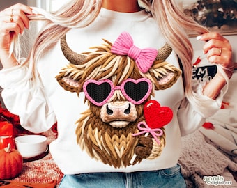 Faux Yarn Valentine's Day Highland Cow Png Valentines Latch Hook Faux Embroidery Chunky Knit Crochet Design