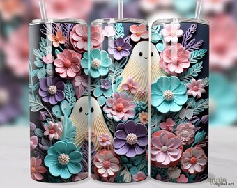 3D Pastel Halloween Tumbler Wrap, Ghosts and Flowers 20oz Skinny Tumbler Sublimation Design, Pastel Goth Straight & Tapered Tumbler PNG