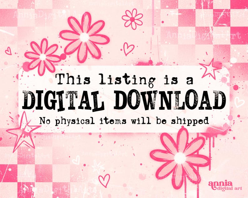 May include: Pink digital download graphic with flowers, hearts, and stars. The text reads "This listing is a DIGITAL DOWNLOAD. No physical items will be shipped."