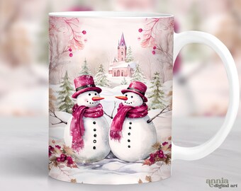 Envoltório de caneca de boneco de neve rosa, design de sublimação de caneca de inverno, envoltório de xícara de café de férias de 11 onças, envoltório de caneca de 15 onças PNG, design de caneca de Natal