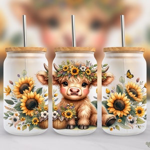 Sunflowers Highland Cow 16oz Wrap PNG, Summer Flowers Frosted Glass Sublimation Design, Watercolor Floral Libbey Cup PNG, Cute Animal PNG