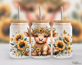 Girasoles Highland Cow 16oz Wrap PNG, Flores de verano Diseño de sublimación de vidrio esmerilado, Acuarela Floral Libbey Cup PNG, Animal lindo PNG