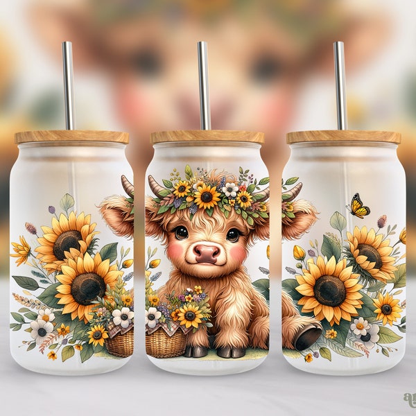 Zonnebloemen Highland Cow 16oz Wrap PNG, Zomerbloemen Matglas Sublimatie Design, Aquarel Bloemen Libbey Cup PNG, Schattige Dieren PNG