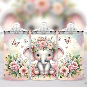 May include: Three pink and white insulated tumblers with a floral design and a cute elephant wearing a flower crown. The tumblers have clear lids and handles.