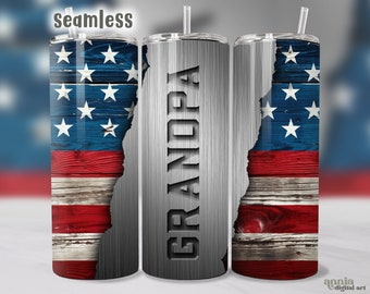 Involucro per bicchiere del nonno, design per sublimazione del bicchiere da 20 once per la festa del papà degli Stati Uniti, bicchiere con bandiera americana patriottica PNG per uomo, PNG in legno di metallo spazzolato