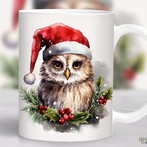 May include: White ceramic mug with a watercolor illustration of an owl wearing a red Santa hat and surrounded by holly and berries.