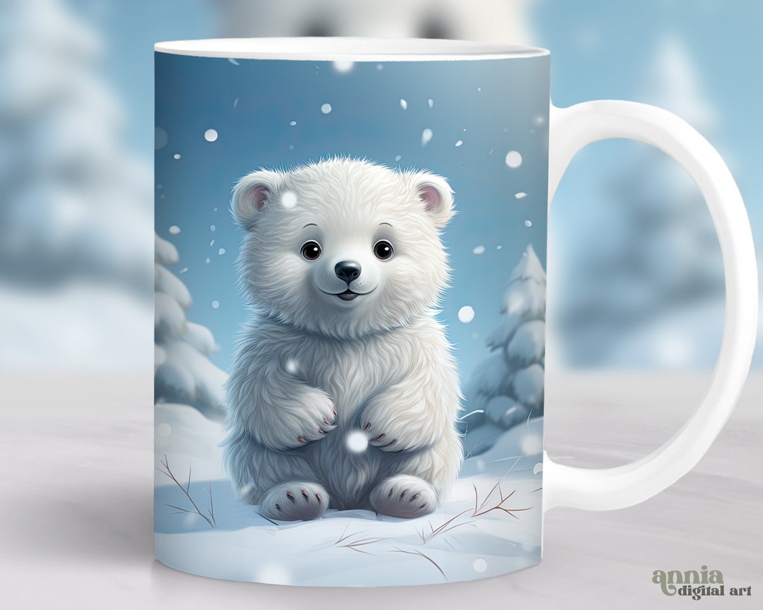 Baby Polar Bear Cub Mug Wrap, Winter Cute Animal Mug Sublimation Design ...