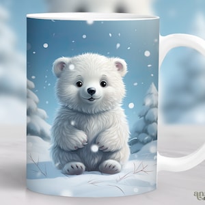 Baby Polar Bear Cub Mug Wrap, Winter Cute Animal Mug Sublimation Design, Christmas Kawaii 11oz Coffee Cup Wrap, Arctic 15oz Mug PNG Design