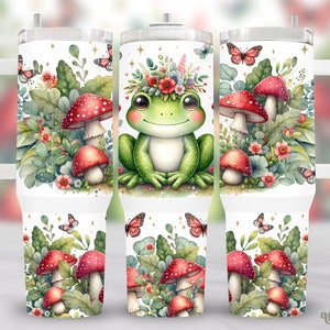 Mushrooms Frog 40oz Tumbler Wrap, Summer Cottagecore Nature 40 oz Quencher Tumbler Sublimation Design, Floral Cute Animal Tumbler PNG