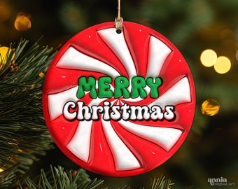 3D Inflated Christmas Ornament PNG Sublimation Design, 3D Puffy Merry Christmas Round Ornament PNG, 3D Candy Cane Instant Digital Download