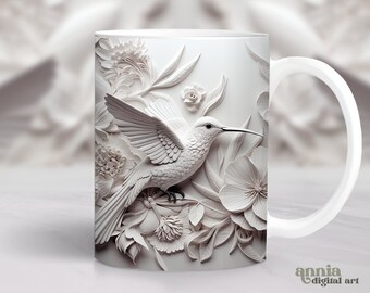 3D Hummingbird Mug Wrap, White Humming Bird Sublimation Design, 11oz Coffee Cup Template, Carved 15 oz Mug Wrap PNG, Mug Press Designs