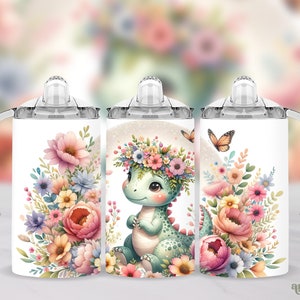 花柄ベビー恐竜シッピーカップタンブラーラップ、春の花 12 オンス子供用ボトル昇華デザイン PNG、かわいい夏の恐竜幼児用シッピーカップラップ