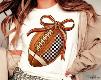 Coquette Football PNG, Fall Preppy Football Shirt Design, Girly Football Mama Png Game Day Bow Touchdown Season Png Checkered Football PNG
