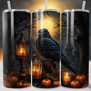 Gothic Crow Tumbler Wrap, Halloween Black Raven 20oz Skinny Tumbler Sublimation Design, Goth Straight & Tapered Tumbler PNG