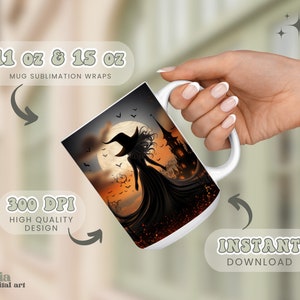 K&ouml;nnte beinhalten: Eine wei&szlig;e Tasse mit einem Sublimations-Design, das eine Silhouette einer Hexe mit einem schwarzen Hut und Kleid zeigt, die vor einem Vollmond und einem gruseligen Schloss steht. Der Text "11 oz & 15 oz Mug Sublimation Wraps" befindet sich oben im Bild. Der Text "300 DPI High Quality Design" befindet sich unten links im Bild. Der Text "Sofortiger Download" befindet sich unten rechts im Bild.