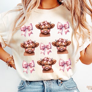 Highland Cow Coquette PNG, Pink Bows Cute Animals Shirt Sublimation Design, Soft Girl Ribbons PNG Digital Download, Girlie Bow Aesthetic PNG