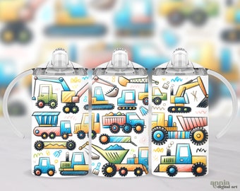 Veicoli da costruzione, involucro per bicchiere con beccuccio, camion che disegnano una bottiglia d'acqua per bambini da 12 once, design a sublimazione, PNG, involucro per bicchiere con beccuccio per bambini