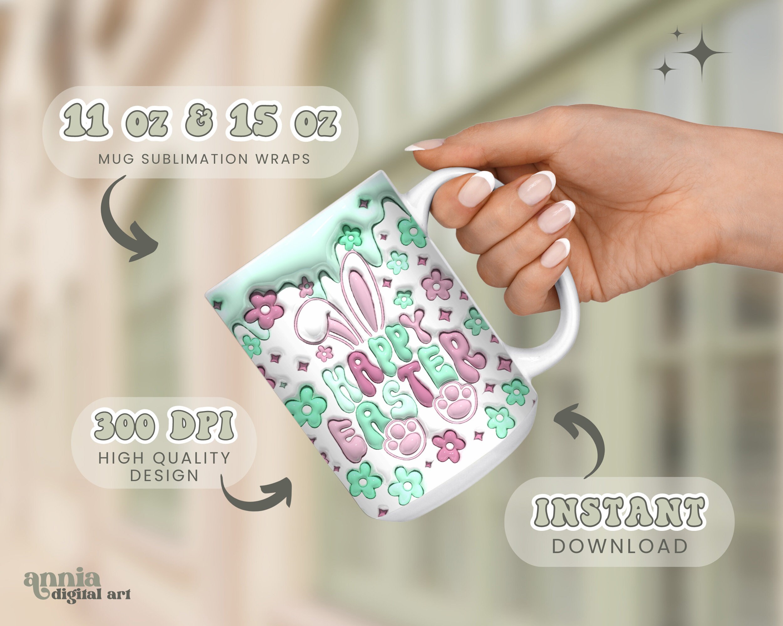 3D Happy Easter Mug Wrap Inflated, Puffy Easter Bunny Mug Sublimation ...