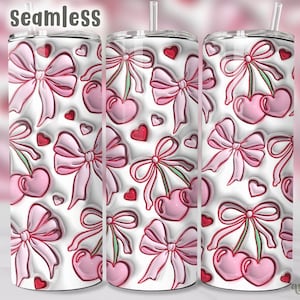 May include: Seamless pattern design featuring pink bows, cherries, and hearts on a white background. This design is perfect for creating custom tumblers, mugs, or other personalized items.