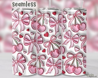 3D Inflated Cherry Bows Tumbler Wrap, Pink Coquette 20oz Tumbler Sublimation Design, Girly Ribbon Aesthetic Straight & Tapered Tumbler PNG