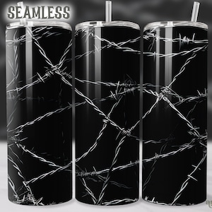 May include: A black and white seamless pattern of barbed wire. The pattern is designed for use on a tumbler or other cylindrical object.